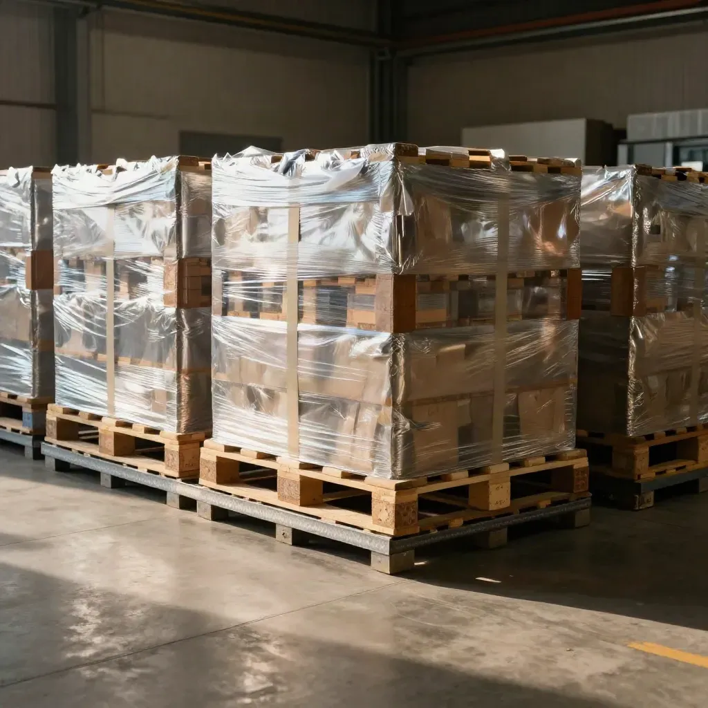 Capannone ordinato con pallet avvolti, varco di carico pulito e luce calda laterale.