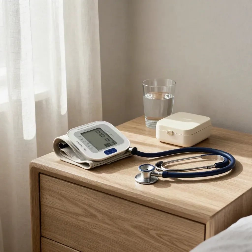 Misuratore di pressione, astuccio farmaci, bicchiere d’acqua e stetoscopio su comodino chiaro.