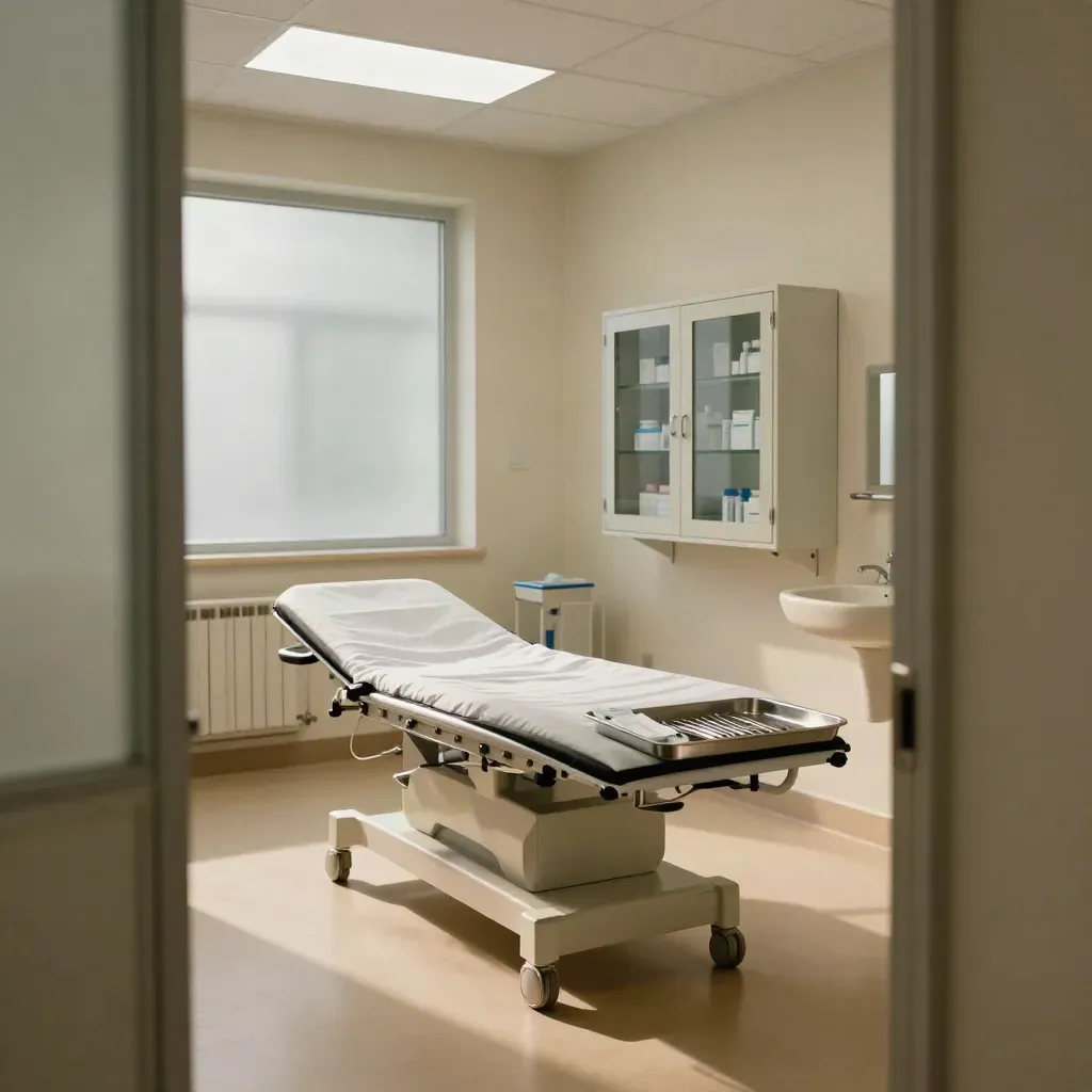Studio medico vuoto e pronto con lettino sterile e strumenti ordinati
